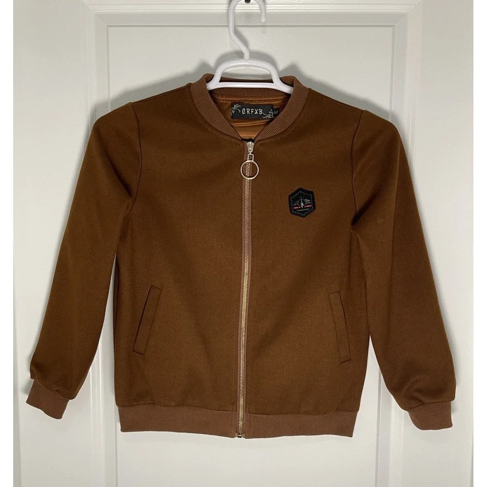 CRFXB Suede Feel Brown‎ Mens Bomber Jacket Size XL Gold Zipper And Bee Preppy